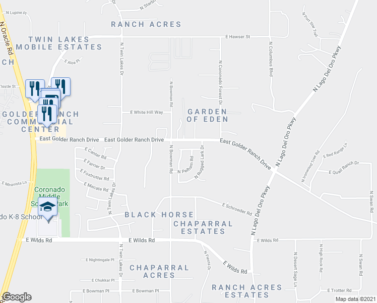 map of restaurants, bars, coffee shops, grocery stores, and more near 15153 North Pelham Road in Tucson