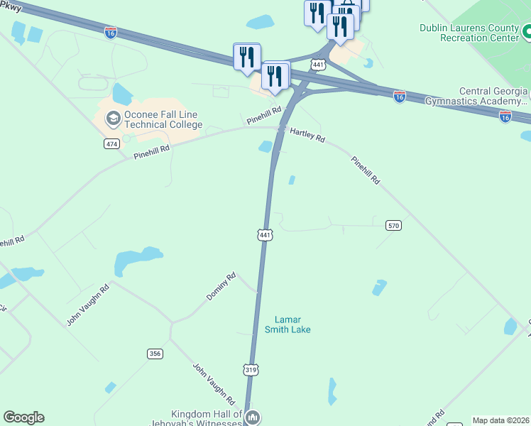 map of restaurants, bars, coffee shops, grocery stores, and more near 2303 U.S. 319 in Dublin