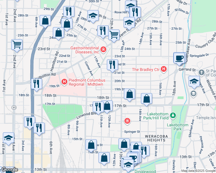 map of restaurants, bars, coffee shops, grocery stores, and more near 1121 19th Street in Columbus