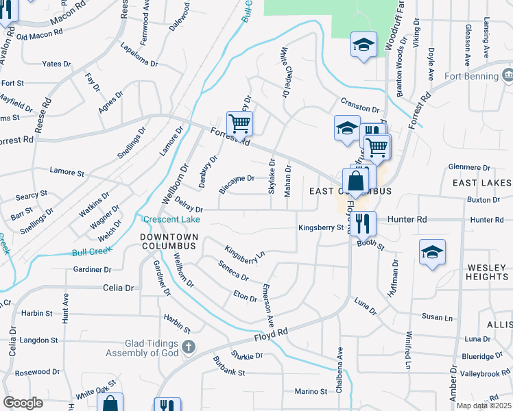 map of restaurants, bars, coffee shops, grocery stores, and more near 5121 Delray Drive in Columbus
