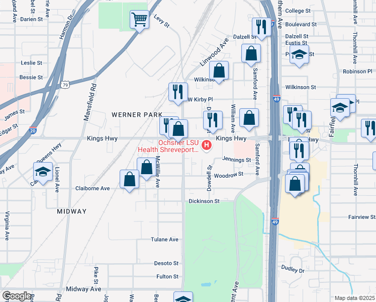 map of restaurants, bars, coffee shops, grocery stores, and more near 1501 Kings Highway in Shreveport