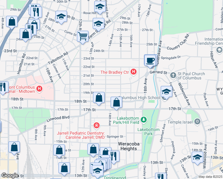 map of restaurants, bars, coffee shops, grocery stores, and more near 1906 14th Avenue in Columbus