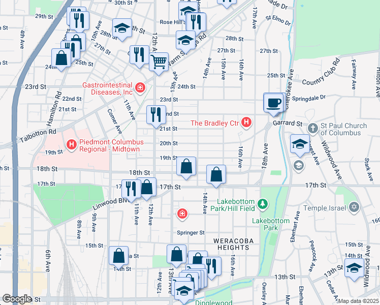 map of restaurants, bars, coffee shops, grocery stores, and more near 1317 19th Street in Columbus