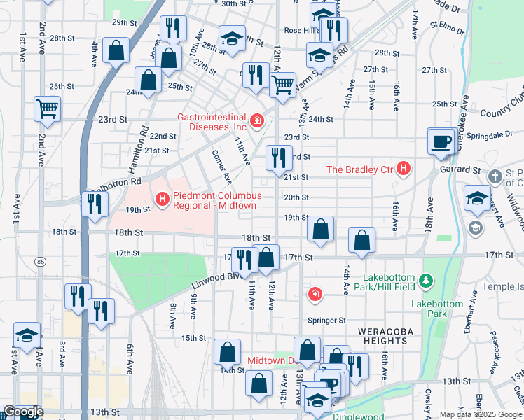 map of restaurants, bars, coffee shops, grocery stores, and more near 1121 19th Street in Columbus