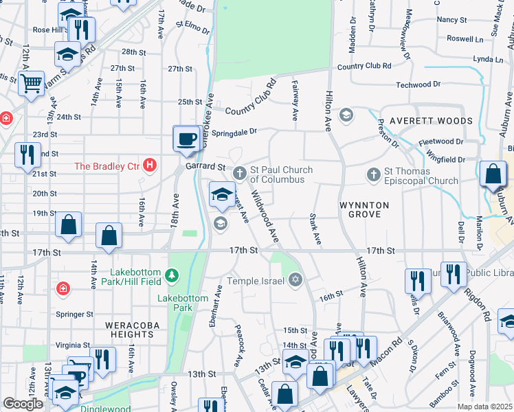 map of restaurants, bars, coffee shops, grocery stores, and more near 1921 Wildwood Avenue in Columbus