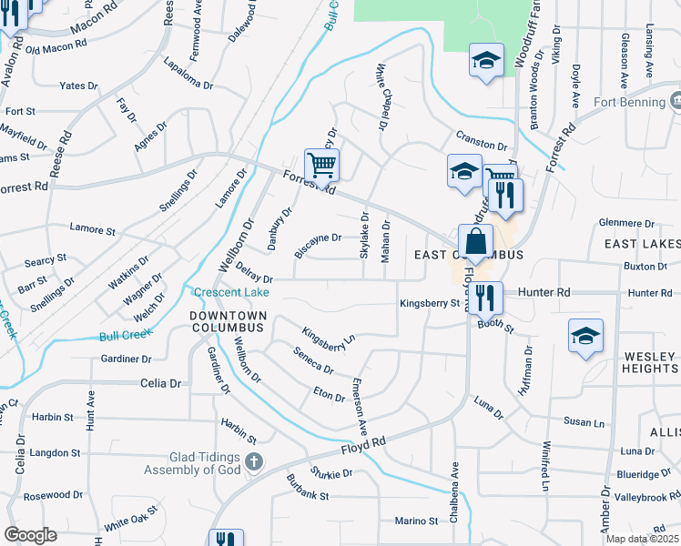 map of restaurants, bars, coffee shops, grocery stores, and more near 5121 Delray Drive in Columbus