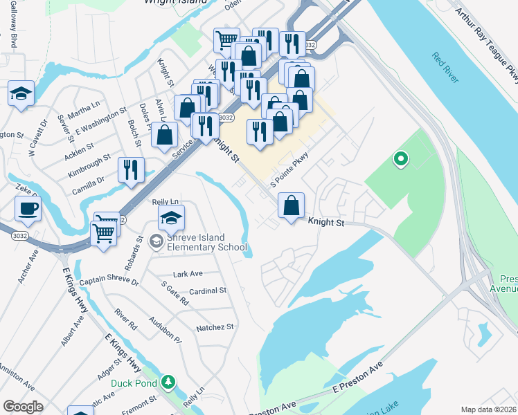 map of restaurants, bars, coffee shops, grocery stores, and more near 3004 Knight Street in Shreveport