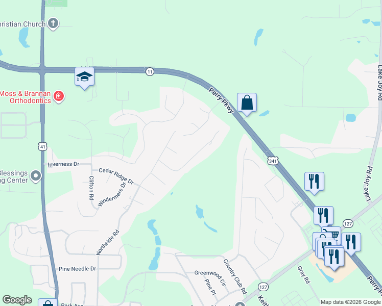 map of restaurants, bars, coffee shops, grocery stores, and more near 1013 Cherokee Road in Perry
