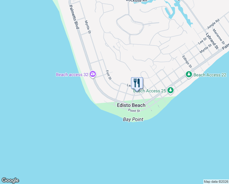 map of restaurants, bars, coffee shops, grocery stores, and more near 3104 Myrtle Street in Edisto Island