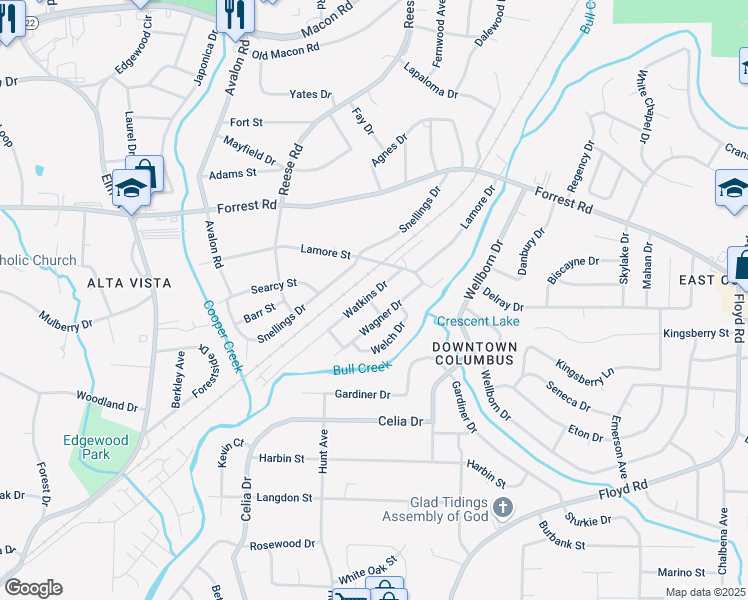 map of restaurants, bars, coffee shops, grocery stores, and more near 2215 Watkins Drive in Columbus