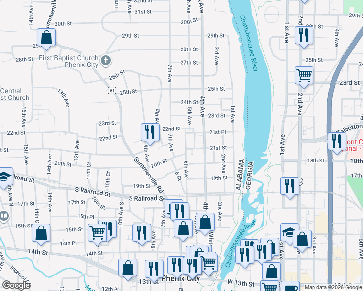 map of restaurants, bars, coffee shops, grocery stores, and more near 2109 6th Avenue in Phenix City