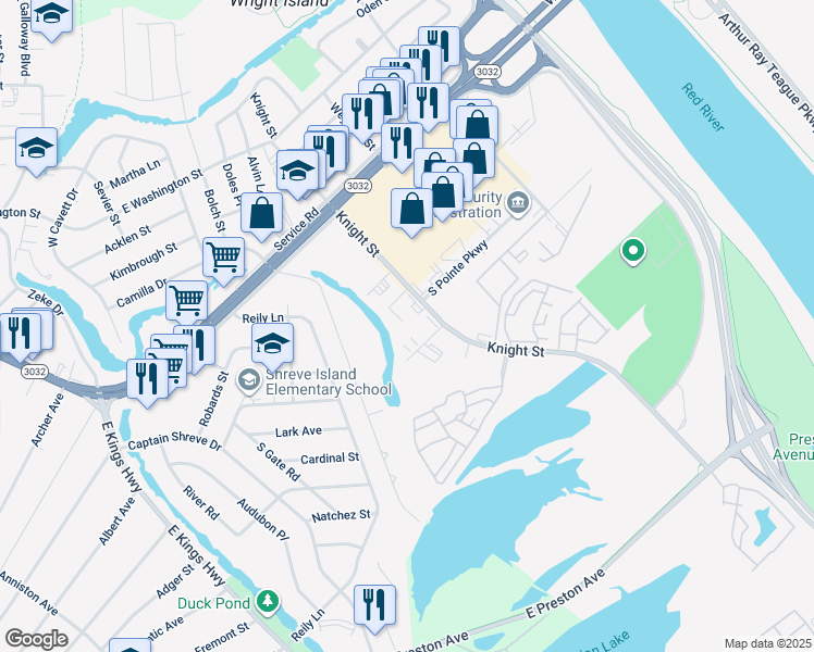 map of restaurants, bars, coffee shops, grocery stores, and more near 3004 Knight Street in Shreveport