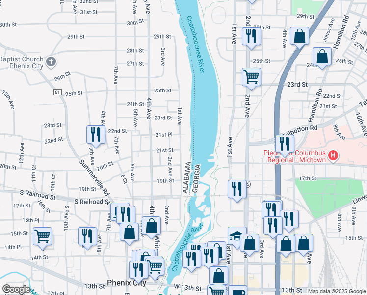 map of restaurants, bars, coffee shops, grocery stores, and more near 88 21st Street in Phenix City