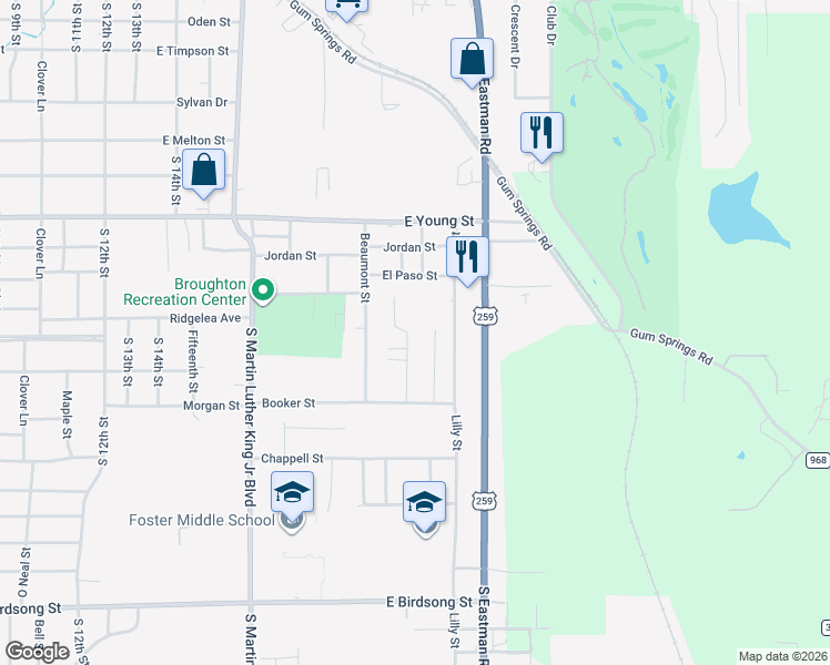 map of restaurants, bars, coffee shops, grocery stores, and more near 917 Douglas Street in Longview