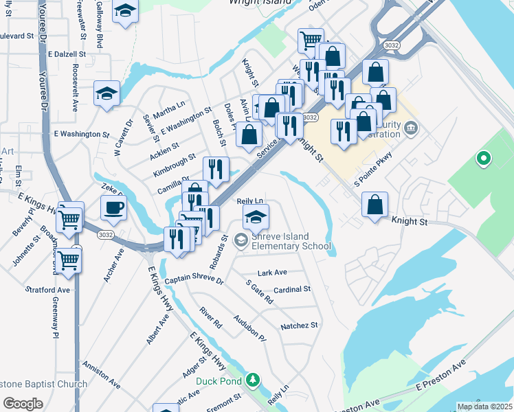 map of restaurants, bars, coffee shops, grocery stores, and more near 3333 Reily Lane in Shreveport