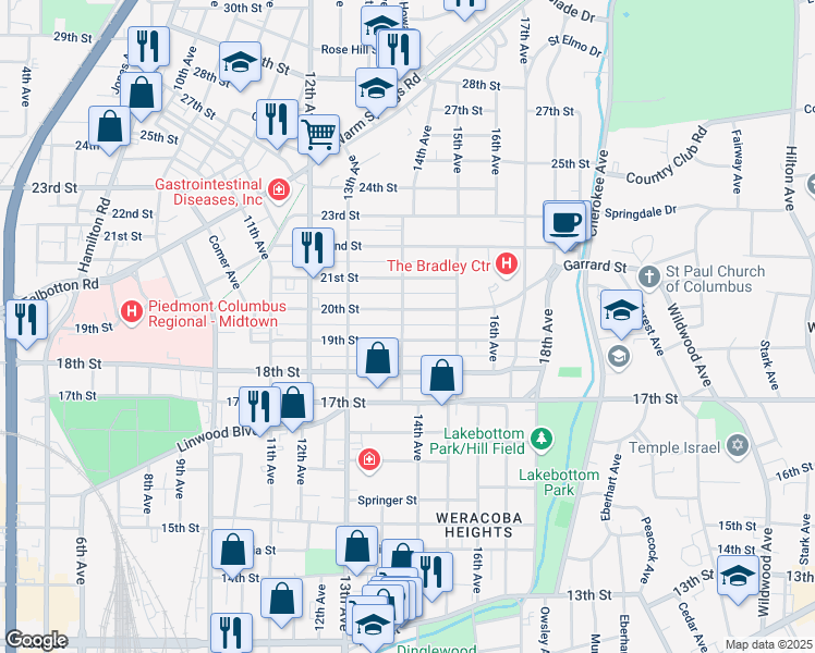 map of restaurants, bars, coffee shops, grocery stores, and more near 1906 14th Avenue in Columbus