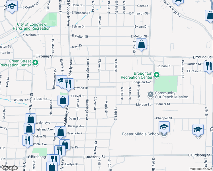 map of restaurants, bars, coffee shops, grocery stores, and more near 711 Idylwood Drive in Longview