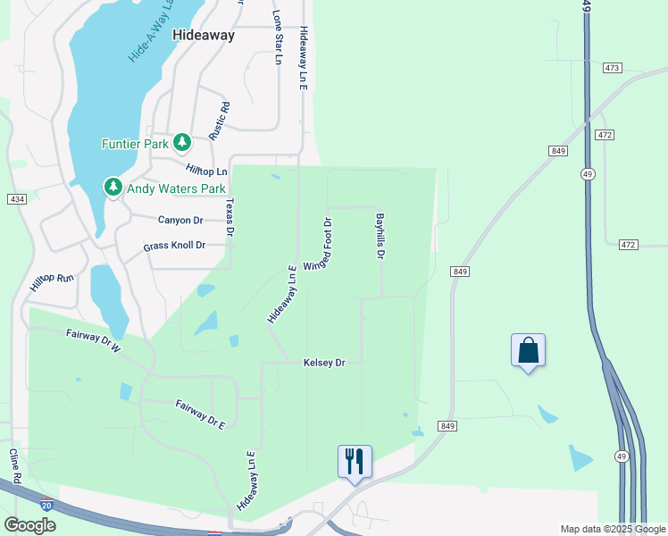 map of restaurants, bars, coffee shops, grocery stores, and more near 203 Winged Foot Drive in Lindale