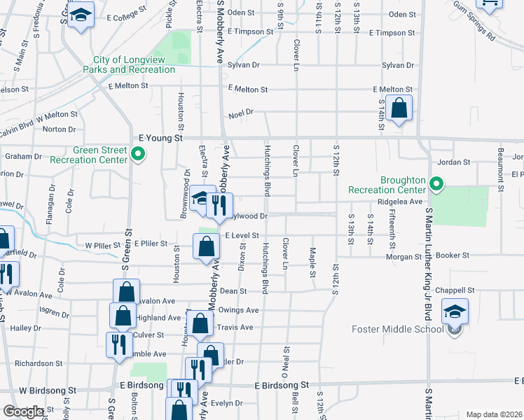 map of restaurants, bars, coffee shops, grocery stores, and more near 531 Idylwood Drive in Longview