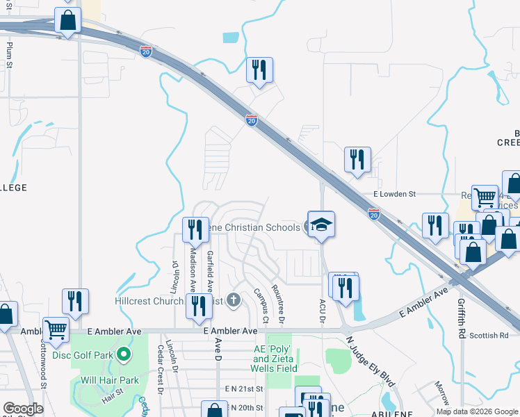 map of restaurants, bars, coffee shops, grocery stores, and more near 2685 Garfield Avenue in Abilene