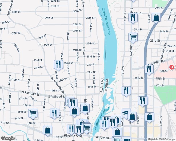 map of restaurants, bars, coffee shops, grocery stores, and more near 206 21st Street in Phenix City