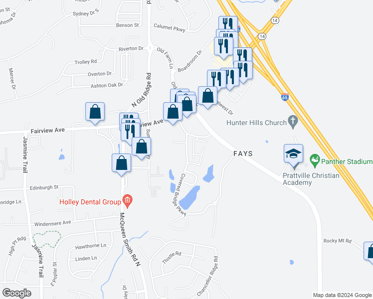 map of restaurants, bars, coffee shops, grocery stores, and more near 692 Covered Bridge Parkway in Prattville