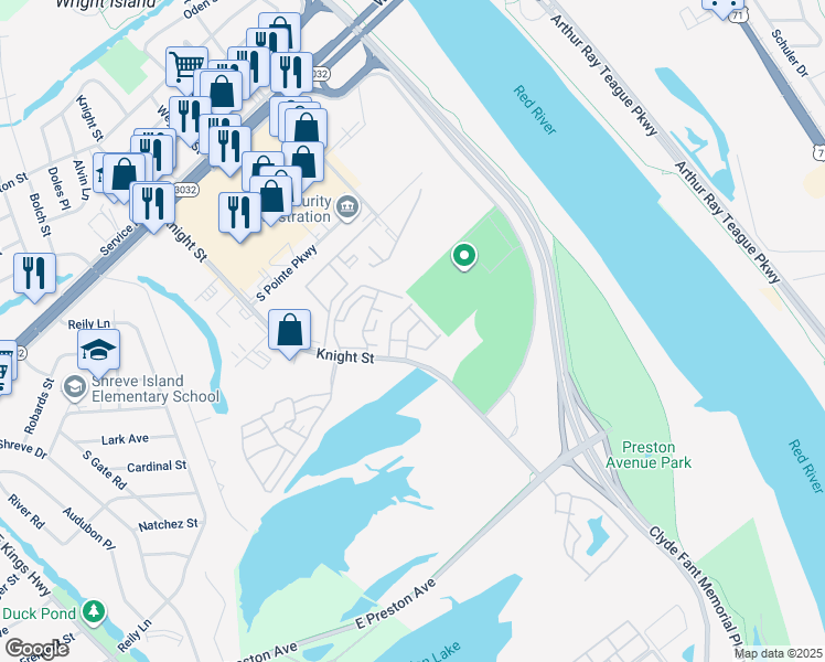 map of restaurants, bars, coffee shops, grocery stores, and more near 3215 Knight Street in Shreveport