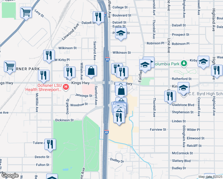 map of restaurants, bars, coffee shops, grocery stores, and more near Southern Avenue in Shreveport