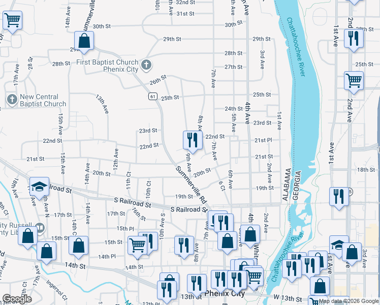 map of restaurants, bars, coffee shops, grocery stores, and more near 2104 9th Avenue in Phenix City