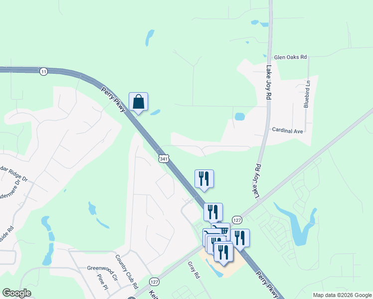 map of restaurants, bars, coffee shops, grocery stores, and more near 114 Washington Place Drive in Perry
