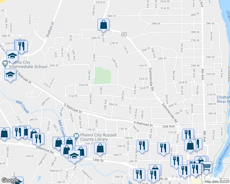 map of restaurants, bars, coffee shops, grocery stores, and more near 1210 21st Street in Phenix City