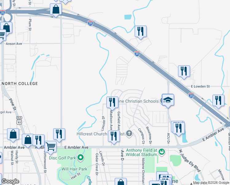 map of restaurants, bars, coffee shops, grocery stores, and more near 2649 Madison Avenue in Abilene