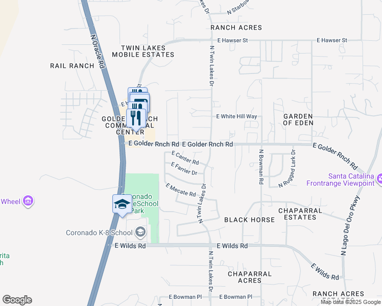 map of restaurants, bars, coffee shops, grocery stores, and more near 15165 North Triple Crown Place in Tucson