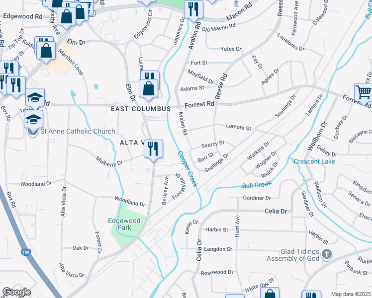 map of restaurants, bars, coffee shops, grocery stores, and more near 4117 Searcy Street in Columbus