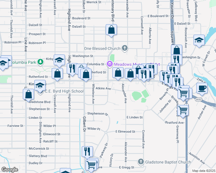 map of restaurants, bars, coffee shops, grocery stores, and more near 3129 Centenary Blvd in Shreveport