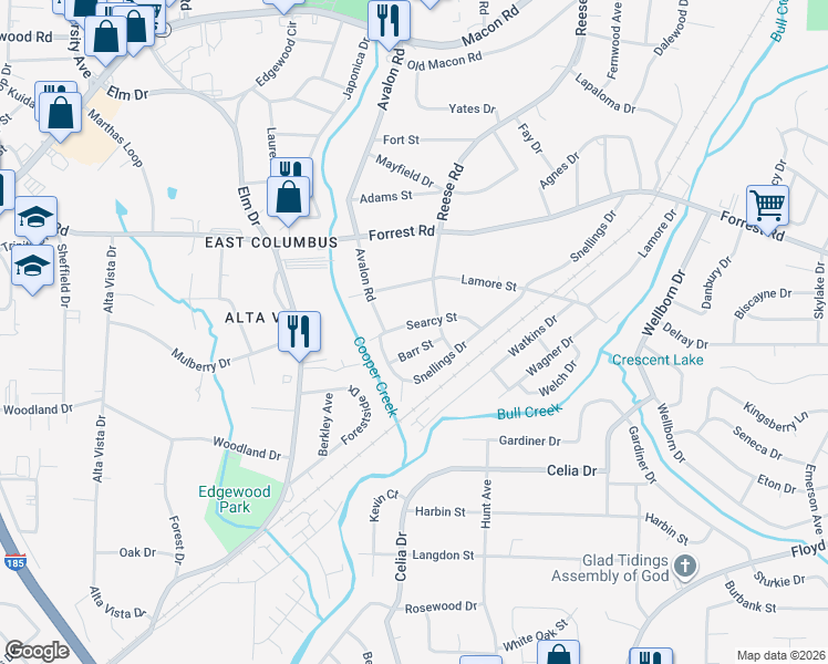 map of restaurants, bars, coffee shops, grocery stores, and more near 4226 Searcy Street in Columbus