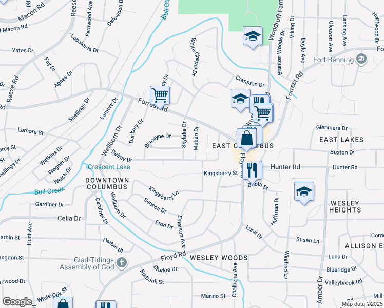 map of restaurants, bars, coffee shops, grocery stores, and more near 2207 Mahan Drive in Columbus