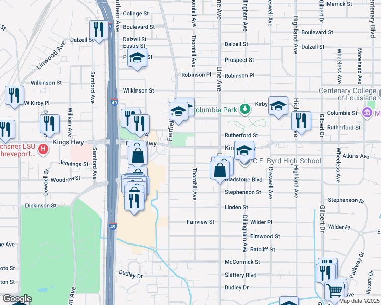 map of restaurants, bars, coffee shops, grocery stores, and more near 907 Kings Highway in Shreveport