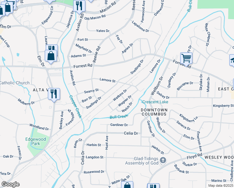 map of restaurants, bars, coffee shops, grocery stores, and more near 2215 Watkins Drive in Columbus