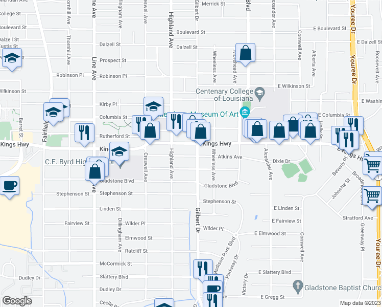 map of restaurants, bars, coffee shops, grocery stores, and more near 414 Atkins Avenue in Shreveport