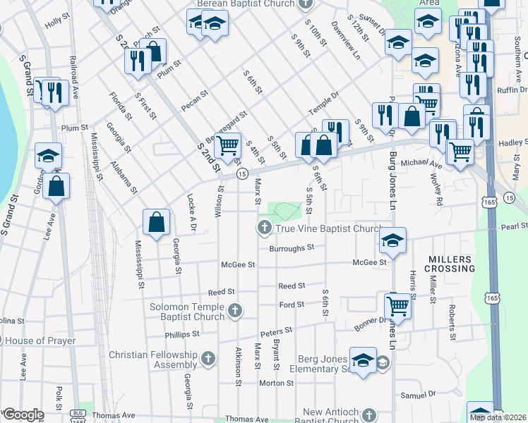 map of restaurants, bars, coffee shops, grocery stores, and more near 213 Marx St in Monroe
