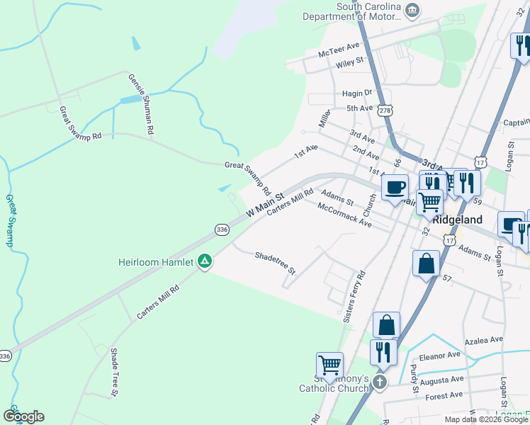 map of restaurants, bars, coffee shops, grocery stores, and more near 6964 Tillman Road in Ridgeland