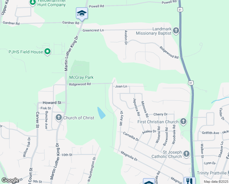 map of restaurants, bars, coffee shops, grocery stores, and more near 546 Mount Airy Drive in Prattville