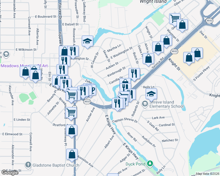 map of restaurants, bars, coffee shops, grocery stores, and more near 3011 West Cavett Drive in Shreveport