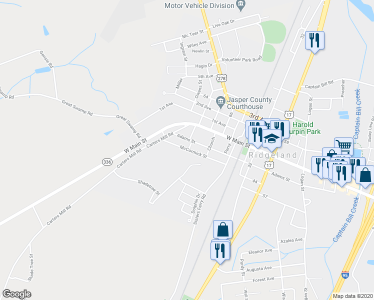 map of restaurants, bars, coffee shops, grocery stores, and more near 342 McCormick Street in Ridgeland