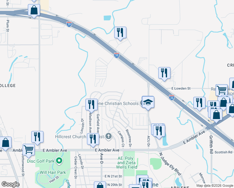 map of restaurants, bars, coffee shops, grocery stores, and more near 2685 Garfield Avenue in Abilene