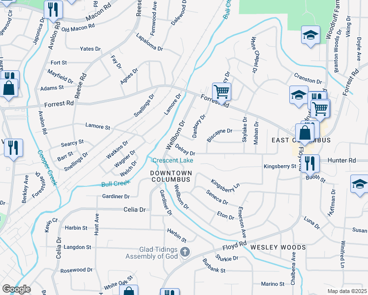 map of restaurants, bars, coffee shops, grocery stores, and more near 4827 Delray Drive in Columbus