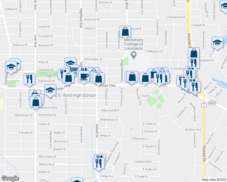 map of restaurants, bars, coffee shops, grocery stores, and more near 230 Atkins Ave in Shreveport