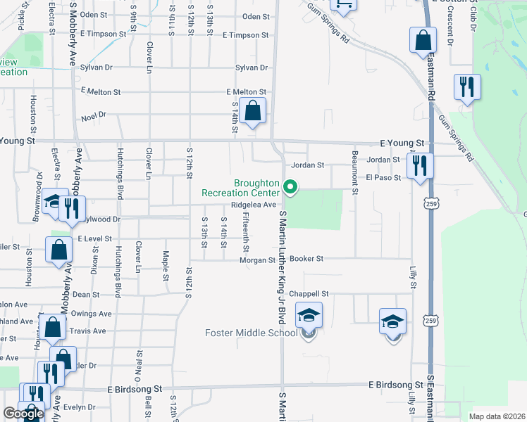 map of restaurants, bars, coffee shops, grocery stores, and more near 1210 Ridgelea Avenue in Longview