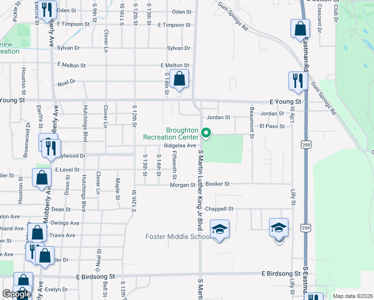 map of restaurants, bars, coffee shops, grocery stores, and more near 1210 Ridgelea Avenue in Longview